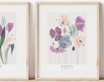 Poppy Wall Art Print A4 A3  | Lilac, purple and green abstract floral wildflower poster