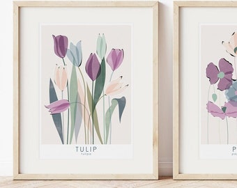 Abstract Tulip Wall Art Print | Lilac, Purple, Green Floral Poster