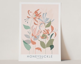 Honeysuckle Wall Art Print A4 A3  | coral, orange and green abstract floral poster