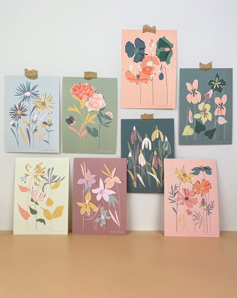 Lot de 8 cartes postales vierges A6 florales pastel avec ou sans enveloppes Ensemble d'écriture pour cartes de correspondance d'illustrations botaniques contemporaines image 1