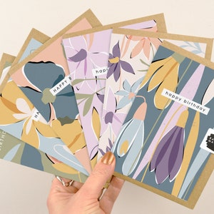 Lot de 6 cartes de joyeux anniversaire A6 avec enveloppes | Lot de cartes illustrées botaniques contemporaines de bonne qualité, sélection de Rachel Mahon