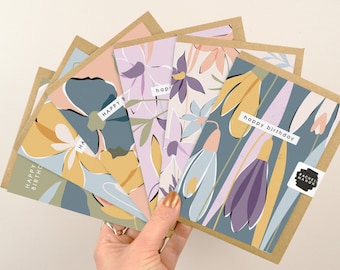 Set of 6 A6 Happy Birthday Cards with envelopes  | Contemporary Botanical Illustrated Good Quality Card Bundle Selection by Rachel Mahon