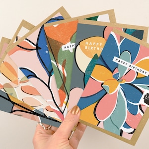 Lot de 6 cartes de joyeux anniversaire pour elle et lui | Ensemble de cartes de voeux A6 de conception botanique contemporaine de bonne qualité par Rachel Mahon