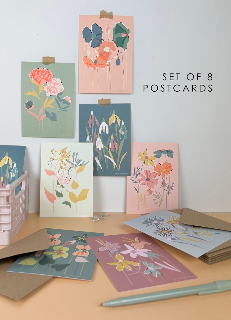 Lot de 8 cartes postales vierges A6 florales pastel avec ou sans enveloppes Ensemble d'écriture pour cartes de correspondance d'illustrations botaniques contemporaines image 2