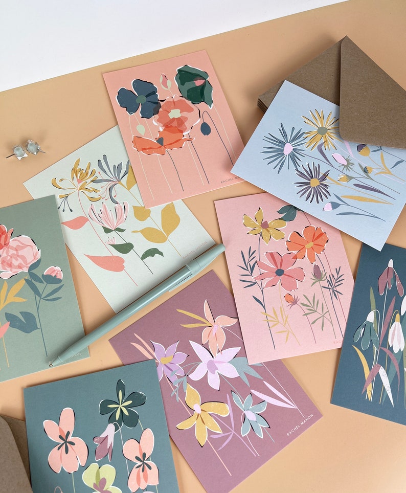Lot de 8 cartes postales vierges A6 florales pastel avec ou sans enveloppes Ensemble d'écriture pour cartes de correspondance d'illustrations botaniques contemporaines image 3
