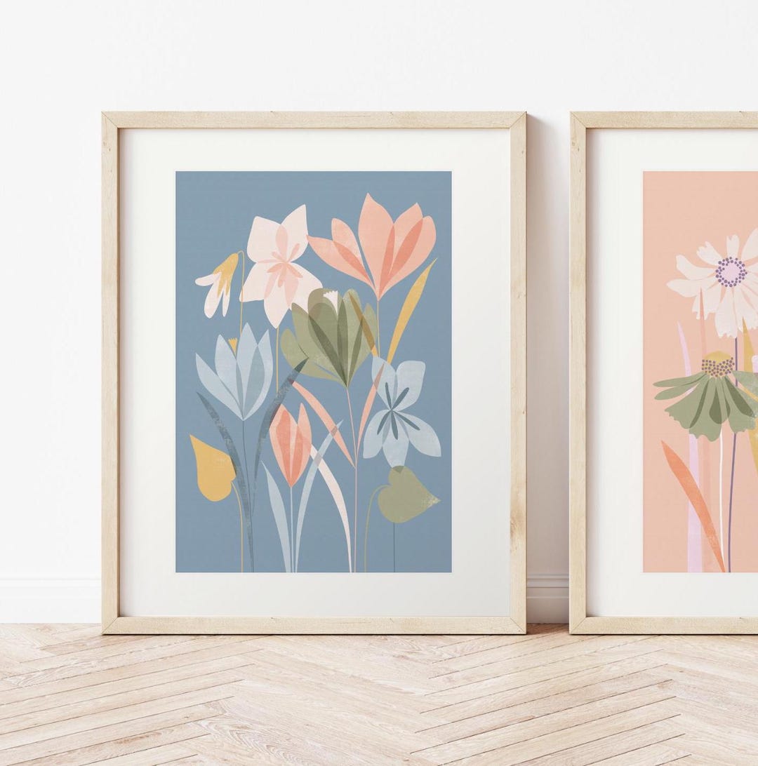 Blue & Pink Floral Print: Modern Botanical Wall Art - Etsy