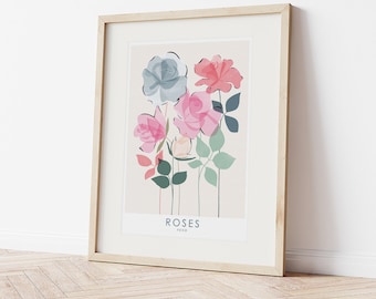 Roses Wall Art Print A4 A3  | pink and blue abstract floral rose poster