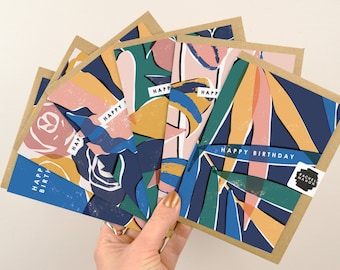 Lot de 6 cartes de joyeux anniversaire A6 avec enveloppes | Lot de cartes illustrées botaniques contemporaines de bonne qualité, sélection par Rachel Mahon