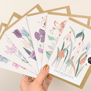 Mélange de 6 cartes de voeux florales A6 | Sélection de lots de cartes de luxe esthétiques botaniques contemporains par Rachel Mahon