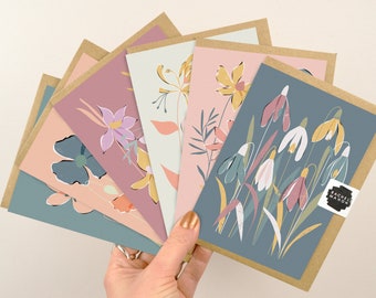 Lot de 6 cartes de correspondance vierges A6 toutes occasions avec enveloppes | Lot de cartes de correspondance de bonne qualité avec illustration florale moderne par Rachel Mahon