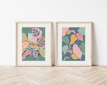 Set of 2 Teal and Pink A4 A3 Art Prints  | Contemporary Botanical Gallery Wall Art by Rachel Mahon