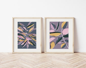 Set of 2 Purple, Lilac and Pink A4 A3 Art Prints  | Contemporary Botanical Gallery Wall Art by Rachel Mahon