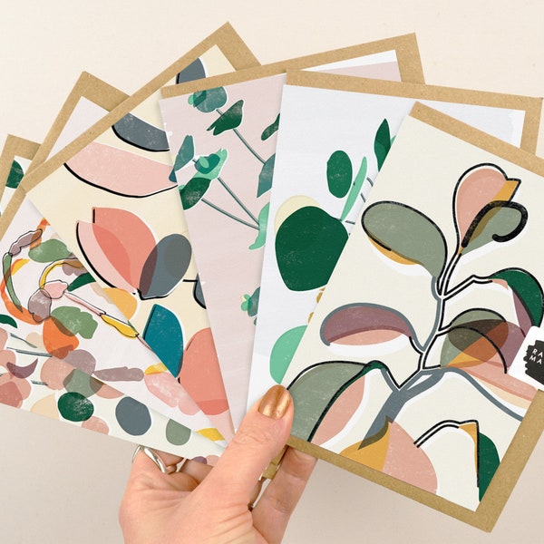 Pack of 6 A6 All Occasion Blank Notecards with envelopes  | Modern Botanical Art Good Quality Greeting Card Multipack by Rachel Mahon