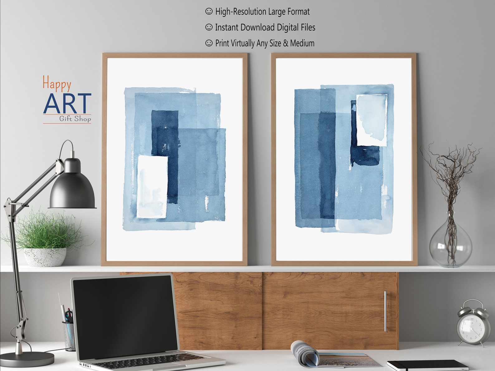 Blue Abstract Art Diptych Wall Art Printable Wall Art Modern Etsy