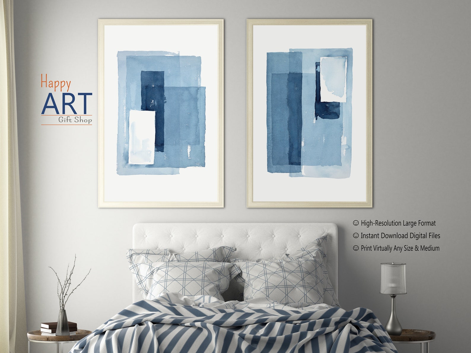 Blue Abstract Art Diptych Wall Art Printable Wall Art Modern Etsy