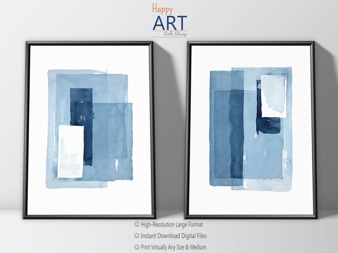 Blue Abstract Art Diptych Wall Art Printable Wall Art Modern Etsy