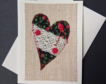 Victorian Heart Card, Anniversary Card, Birthday Card, Mother's Day Card, Fabric Heart Card, Handmade Card
