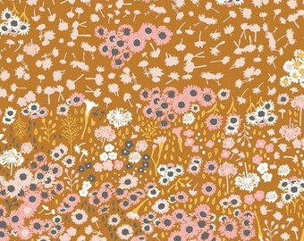 Floral Fabric / Flowers / Mustard Yellow Flora Fields Marigold in Knit / Art Gallery Fabrics / Fabric by the Yard / Baby Girl Fabric