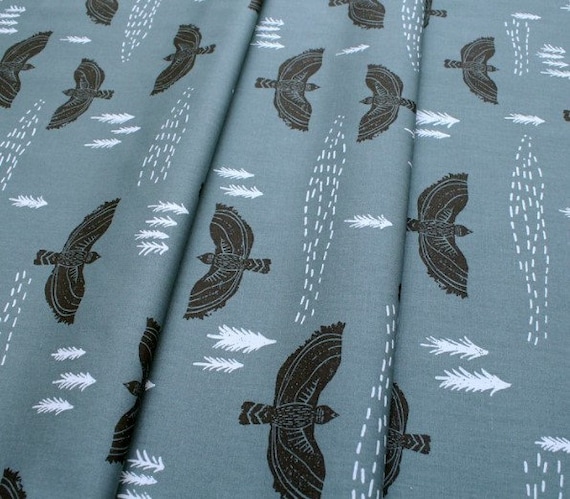 Birds / Hawks / T-Shirt Fabric / Jersey Knit / Gender Neutral Fabric / Wind Observer Slate in Knit Fabric / Art Gallery Fabrics