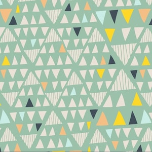 May include: A seamless pattern featuring a variety of triangles in different colors and sizes. The background is a light green color. The triangles are arranged in a repeating pattern, creating a geometric design.