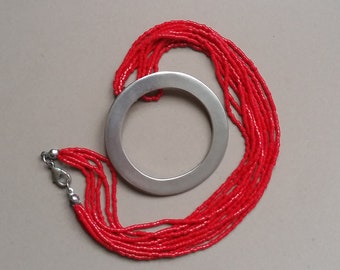 Vintage Modern Multi-strand Red Glass Seed Bead Necklace with Silver Tone Circle Pendant