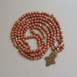 Handmade Natural Gold Sandstone Bead Necklace with Cross Pendant and Gold Accents image 1