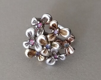 Vintage Sterling Silver Three-Tone Multi Gemstone Flower Cocktail Ring; Silver Flower Statement Ring; Flower Cluster Ring Size 7