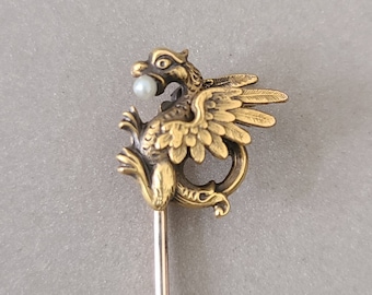 Antique 14K Solid Yellow Gold Griffin Stick Pin; Antique Art Nouveau Gold Chimera Pin with Pearl