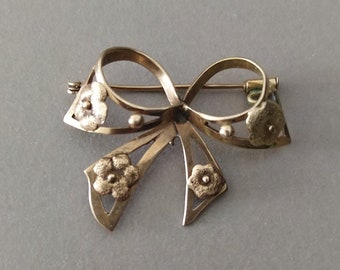 Antique European Solid 15K 15CT Blush Yellow Gold Flower Bow Brooch Pin, Flower Bow Broach