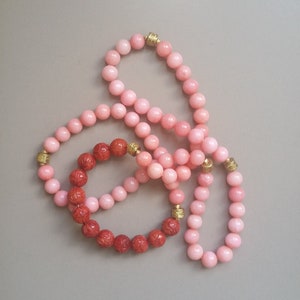 Handmade Natural Pink and Red Coral Bead Necklace & Bracelet
