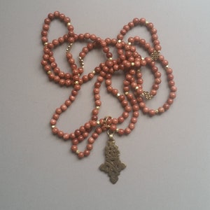 Handmade Natural Gold Sandstone Bead Necklace with Cross Pendant and Gold Accents image 2