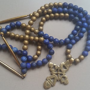 Handmade Natural Lapis Lazuli and Hematite Bead Necklace with Cross Pendant and Brass Accents