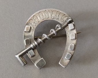 Antique 1885 Victorian Sterling Silver Lucky Horseshoe Brooch Pin; Large Lucky Horseshoe Pin