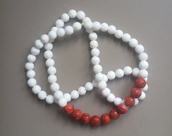 Handmade Natural White Tridacna and Red Coral Carved Bead Necklace with Sterling Silver Accents