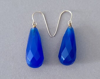 Antique Blue Chalcedony Drop Earrings with New 14K Solid Yellow Gold Ear Wires - Please Read Full Description