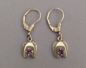 Vintage German 14K Yellow Rolled Gold Horseshoe and Purple Stone Drop Earrings; Mid-Century Lucky Horseshoe Gold Earrings