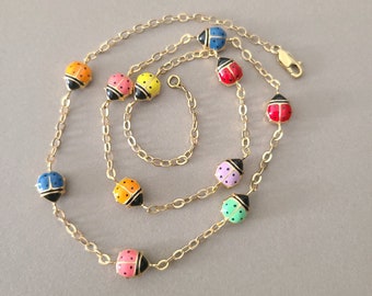 Vintage 14K Yellow Gold Ladybug Station Necklace; 18 Inch Gold and Colorful Enamel Ladybug Chain Necklace