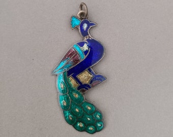 Vintage Silver Enamel Peacock Pendant; Large Enamel Peacock Pendant