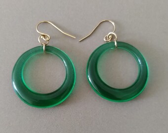 Handmade Statement Earrings Vintage Recycled Green Glass and New 14K Gold Filled OR 14K Solid Gold Ear Wires; OOAK Earrings