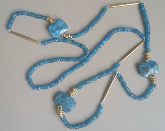 Handmade Natural Neon Blue Apatite Bead Necklace with Brass Accents