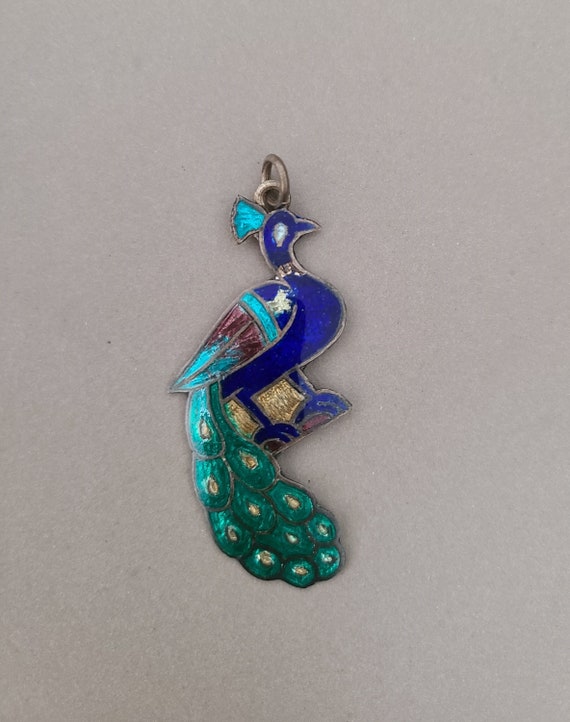 Vintage Silver Enamel Peacock Pendant; Large Ename