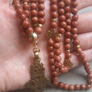 Handmade Natural Gold Sandstone Bead Necklace with Cross Pendant and Gold Accents image 5