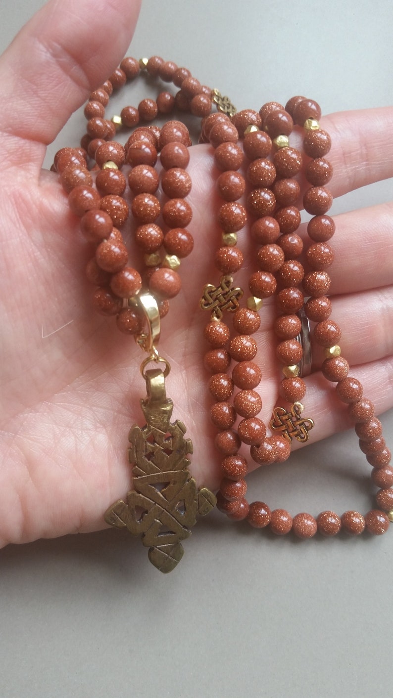 Handmade Natural Gold Sandstone Bead Necklace with Cross Pendant and Gold Accents image 5