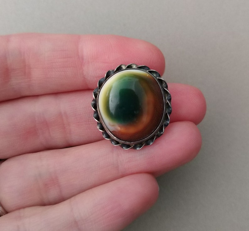 Antique Victorian Sterling Silver Operculum Collar Button; Silver Operculum Button Pin; Evil Eye