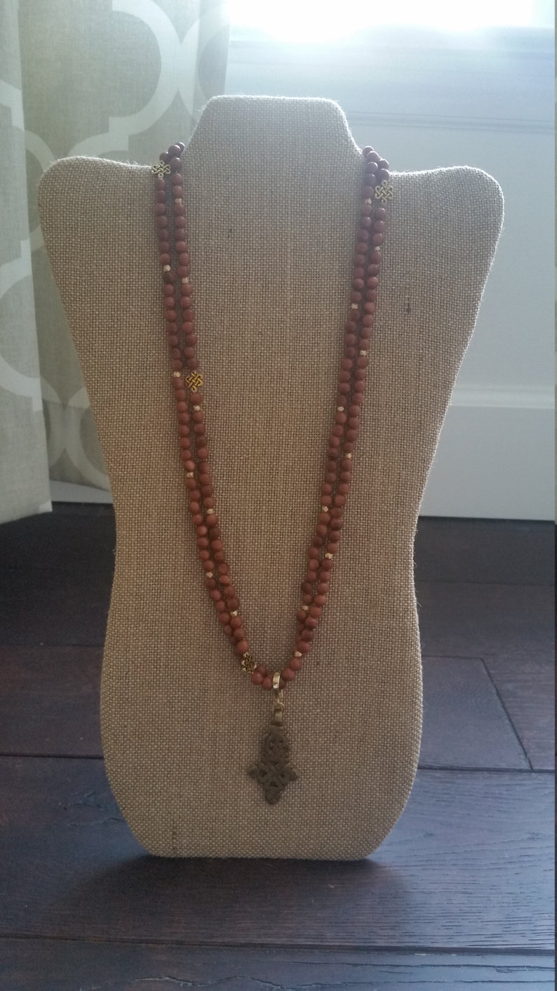 Handmade Natural Gold Sandstone Bead Necklace with Cross Pendant and Gold Accents image 10