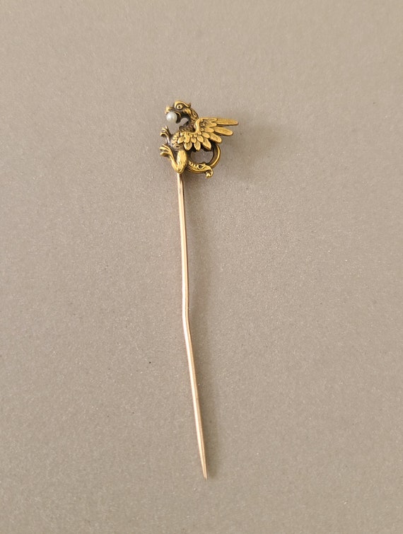 Antique 14K Solid Yellow Gold Griffin Stick Pin; … - image 2