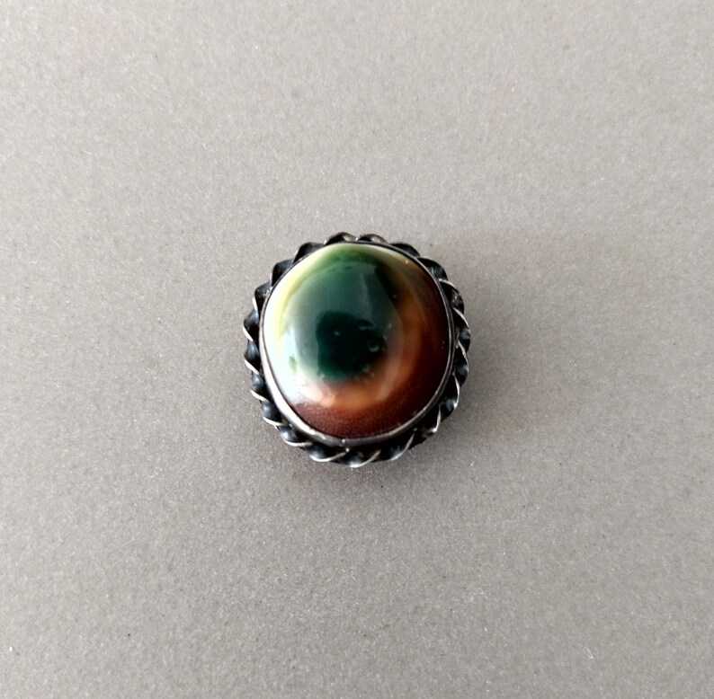 Antique Victorian Sterling Silver Operculum Collar Button; Silver Operculum Button Pin; Evil Eye