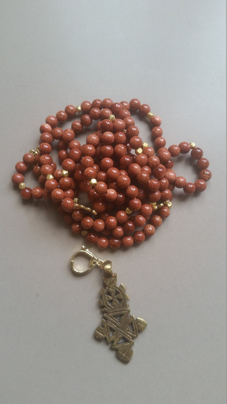 Handmade Natural Gold Sandstone Bead Necklace with Cross Pendant and Gold Accents image 7