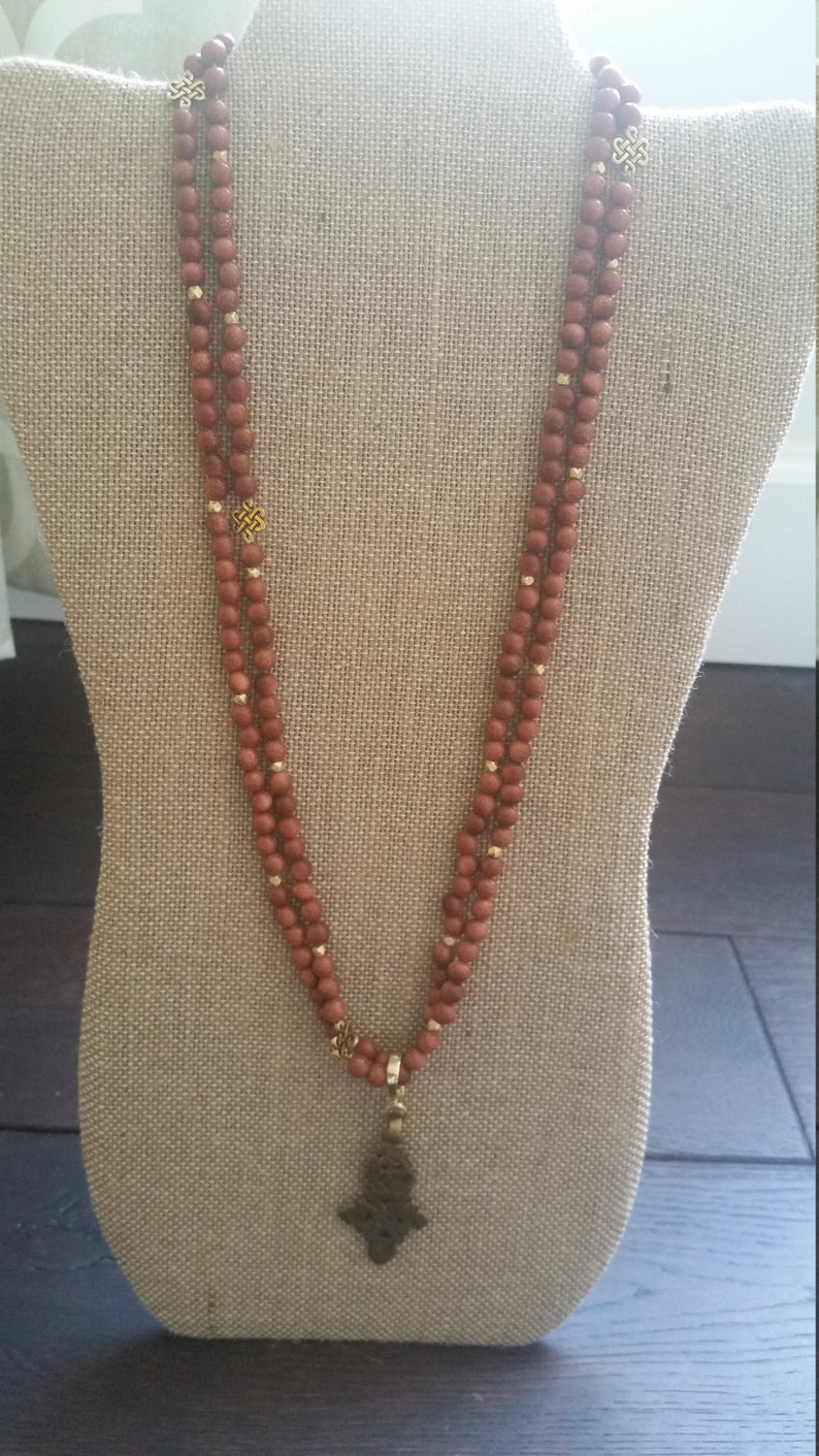 Handmade Natural Gold Sandstone Bead Necklace with Cross Pendant and Gold Accents image 9