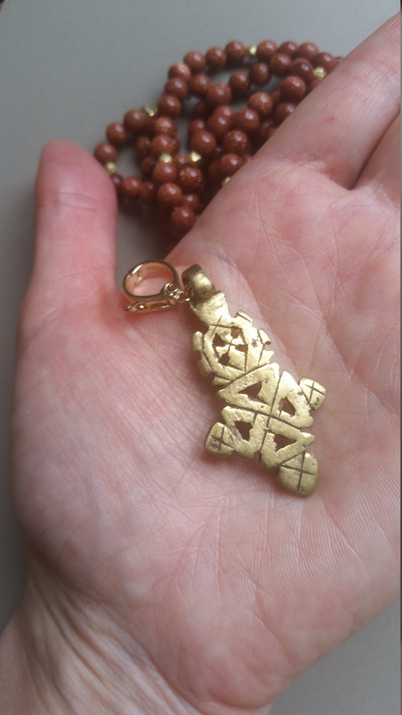 Handmade Natural Gold Sandstone Bead Necklace with Cross Pendant and Gold Accents image 8